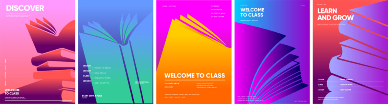 Five colorful education posters pair stylized open books and stacked volumes with bold typography, vivid gradient backgrounds, and welcoming classroom messages.