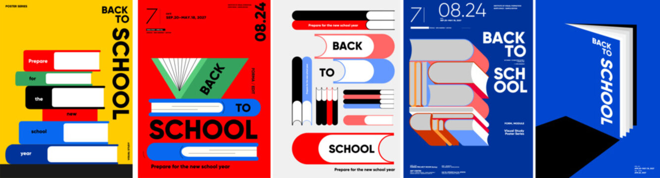 Five back-to-school poster designs feature bold typography and stylized books across red, blue, yellow, green, black and white geometric layouts with dated school-year messaging.