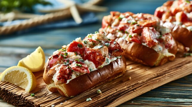 Classic Maine-style Lobster Rolls served on rustic cedar boards beside fresh lemon wedges and ocean-inspired decor