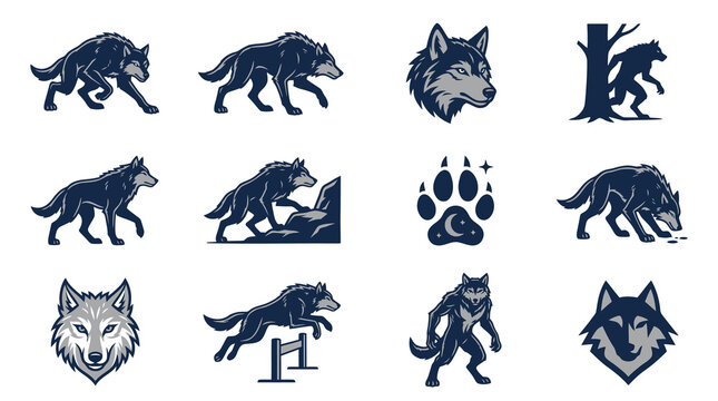 Blue wolf and werewolf silhouette vector set.