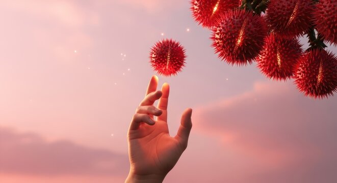 Human hand reaching for red spiky virus particles under sunset sky with reaching