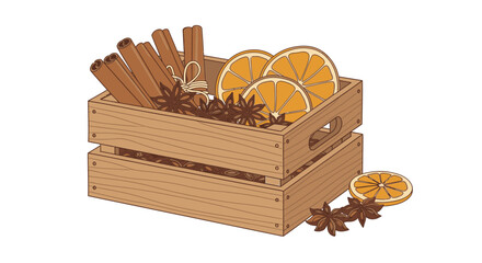 Fototapeta premium Wooden crate filled with holiday spices: cinnamon sticks, star anise, and orange slices, isolated on white background.