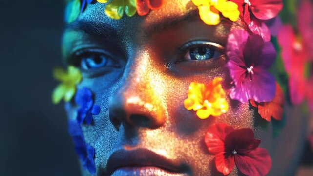 Androgynous model with glitter makeup and colorful flower petals on face looking at camera in a captivating, conceptual, and artistic beauty portrait against a dark background
