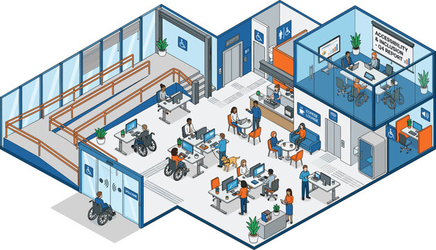 Isometric Accessible Office Building Layout with Wheelchair Ramps Diverse Coworkers Working Together and Handicap Inclusive Design Elements