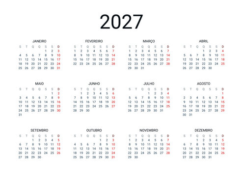 2027 year Portuguese calendar in Portuguese language. Classical, minimalistic, simple design. White background. Vector Illustration. Week starts from Monday.
