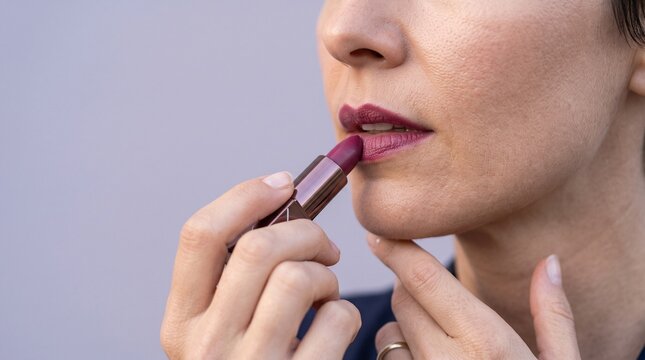 Close up of a woman applying deep berry lipstick to her lips with a metallic tube