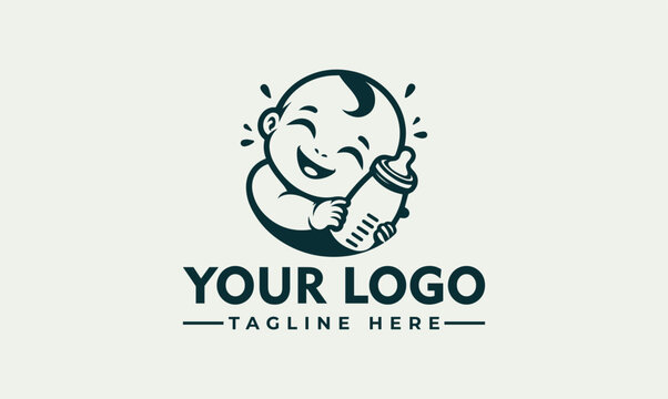 Minimalist Vector Logo Featuring a Happy Smiling Baby Holding a Feeding Bottle for Maternity and Pediatric Care Branding