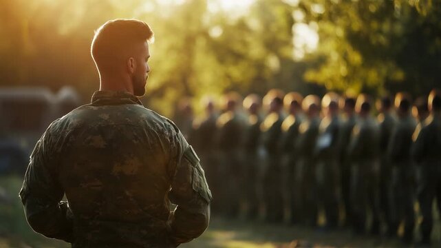 Military commander overseeing his troop of soldiers during a formation at sunrise, representing leadership, discipline, national security, and armed forces duty