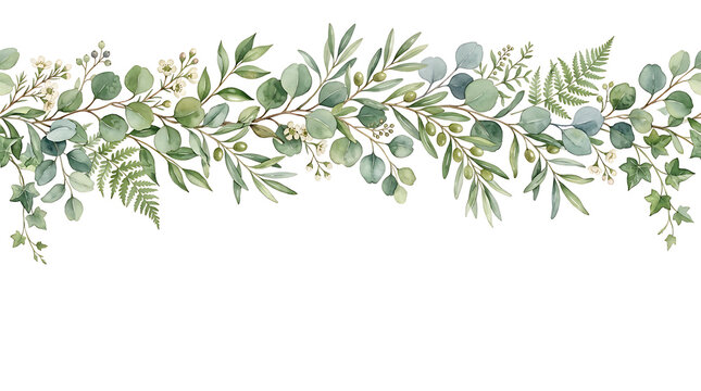 Elegant green foliage border with eucalyptus and fern leaves, perfect for invitations and decor