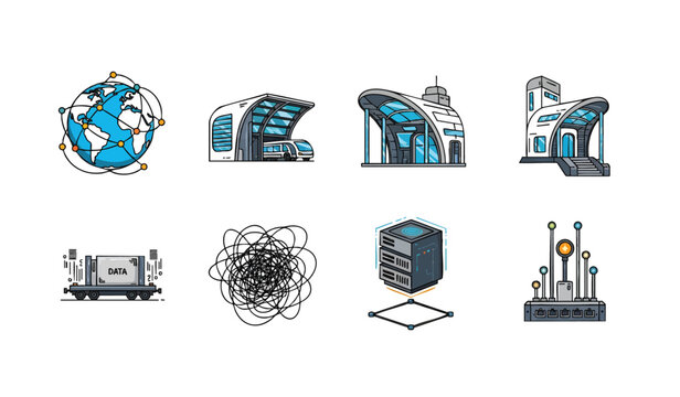 Colorful flat design technology icons set with vibrant digital illustrations, concept for digital transformation, web development, IT solutions, and business innovation presentations