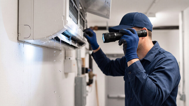 Faceless HVAC Technician Wearing Blue Work Gloves Inspecting Leaking White Air Conditioner Unit with Flashlight on White Wall