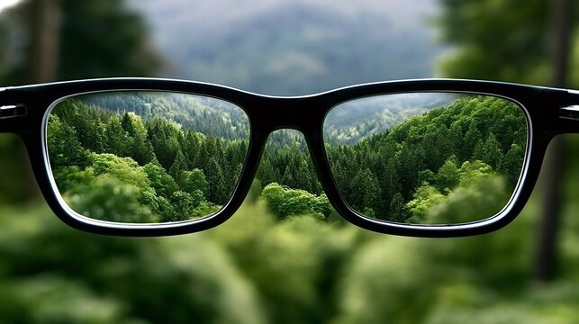 Corrective eyewear focusing on a lush green forest landscape, showing improved vision and clarity against a blurry background, symbolizing enhanced perception, perspective, and natural beauty