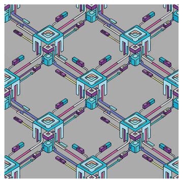 Isometric interconnected modern city infrastructure with vibrant transportation routes and digital nodes, concept for urban planning, smart city development, logistics optimization, and futuristic