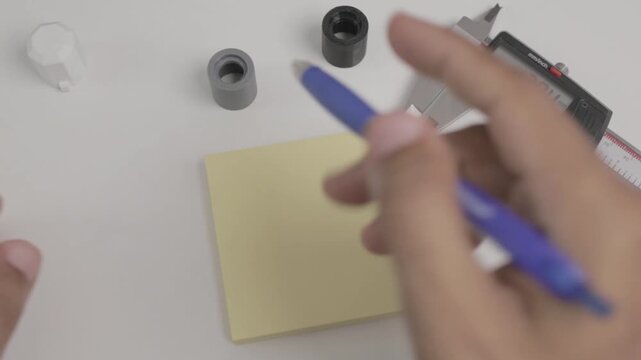 Engineer measuring part with digital caliper and writing notes