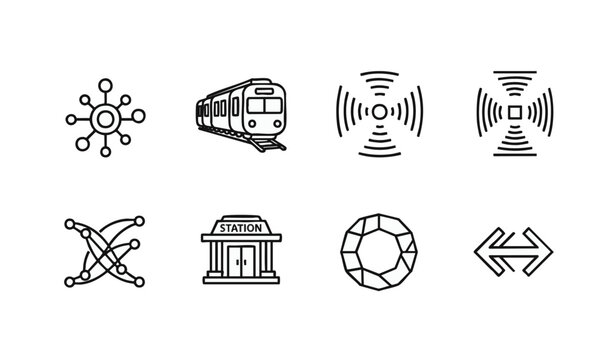 Modern minimalist vector icons set with sleek transportation and communication symbols, concept for digital interfaces, app development, infographics, and tech presentations