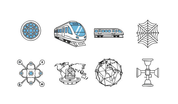 Colorful vector illustrated icons set on white background showcasing global connectivity, technology, and transportation concepts for infographics, web design, and educational materials
