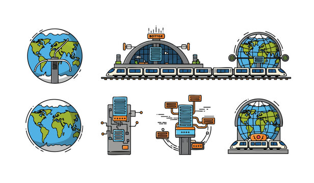 Colorful vector globe icons connected by modern transportation routes with diverse travel vehicles, concept for global logistics, tourism marketing, and international trade visualization