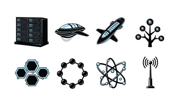 Modern flat icon set with interconnected digital technology elements, concept for data networking, cloud computing, and IoT integration in business, education, and smart infrastructure development