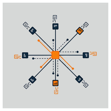Vibrant interconnected colorful icon network with radiating central node, concept for digital connectivity, data visualization, and collaborative workflows in modern business and technology