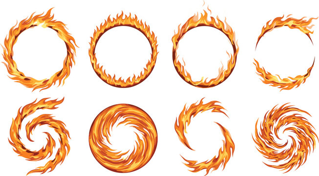 Fire ring and flame vortex vector illustration set for hot burning circular border design element game visual effect background