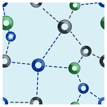 Interconnected vibrant circular network nodes with dashed flow lines, concept for digital communication and data visualization, ideal for tech presentations, infographics, and innovative UI design