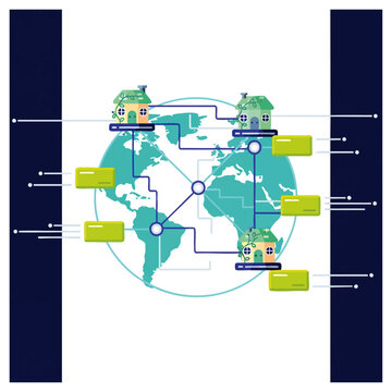 Colorful interconnected world map with glowing network nodes and circular data flow, concept for global communication, digital connectivity, and international business strategy visualization in