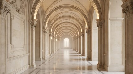 Obraz premium Long, arched stone corridor with warm lighting and decorative pillars background