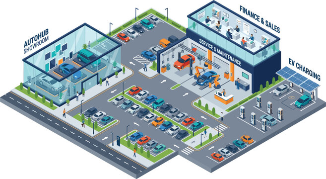 Isometric Car Dealership Vector Illustration with Autohub Showroom Service Maintenance Center Finance Office and EV Charging Station Elements