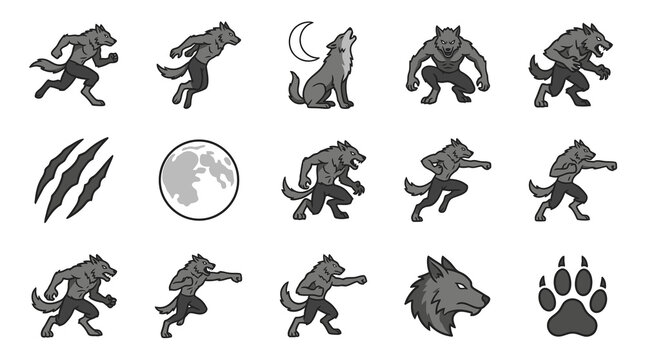 Grey werewolf monster action icons set
