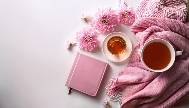 a cozy corner featuring a pink blanket a cup of tea a pink notebook and pink flowers on a white surface