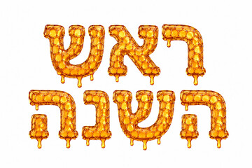 Fototapeta premium Creative Rosh Hashanah greeting made with honey on a light background. Traditional Jewish New Year concept featuring honey, apples, pomegranate and festive holiday composition with copy space.