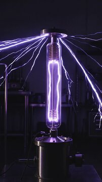 High voltage tesla coil generating powerful purple electric arcs and plasma filaments inside a glass tube during a physics experiment in a science laboratory