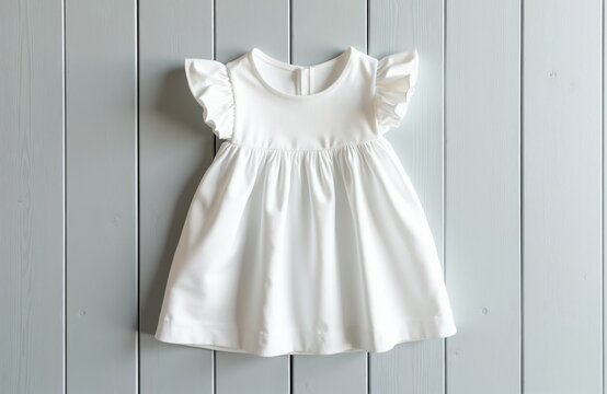 Plain white baby dress with short ruffled sleeves lies on light blue wooden planks. Simple garment is clean and ready for design. Useful for any kids apparel ads or website.