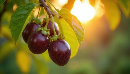 Obraz premium Ripe purple passion fruits hang on tree branch in garden. Organic tropical fruit grows under sun light. Natural harvest of fresh produce for healthy diet. Green leaves surround juicy plant stems.