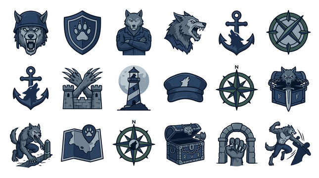 Naval wolf and maritime crest icon set.
