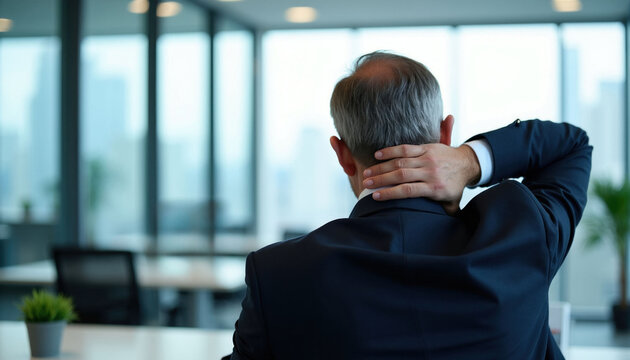 Mature businessman in suit holds his neck in pain at office desk. Man experiences neck ache, discomfort from long work hours. Corporate worker feels office stress, fatigue, needs pain relief.