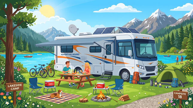 Modern RV motorhome parked near mountain river and pine forest