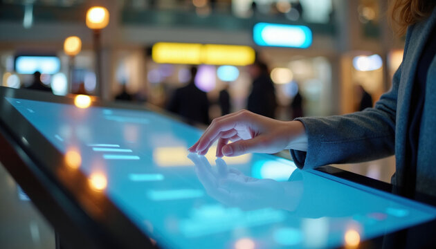 Close up view of hand touching interactive screen kiosk in shopping mall. User checks digital map, navigates store directory. Person uses modern touch panel technology to search info in public space.