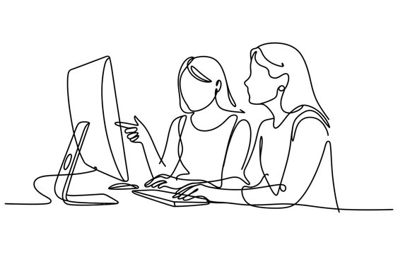 Continuous single line drawing of two women working together at a computer office desk looking at the screen and pointing at something Vector, illustration