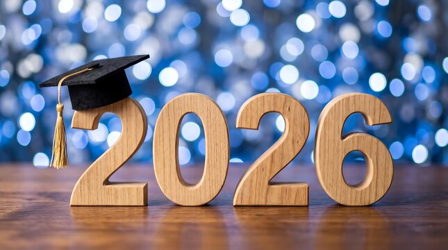 Wooden number figures 2026 with black graduation cap on wooden surface and bokeh backdrop, graduation