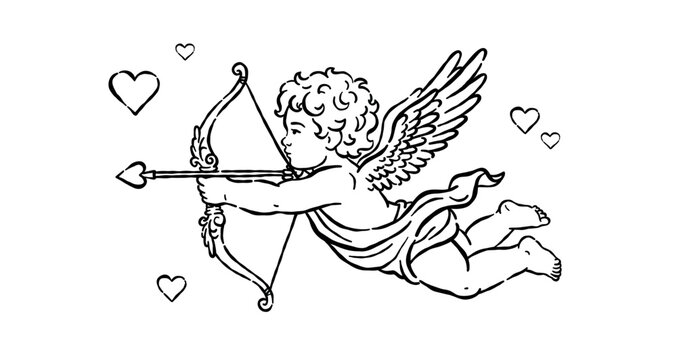 Elegant black line art of a flying cupid aiming his bow. Hand drawn vintage cherub sketch with romantic floating hearts. Premium vector element for aesthetic Valentine print design.