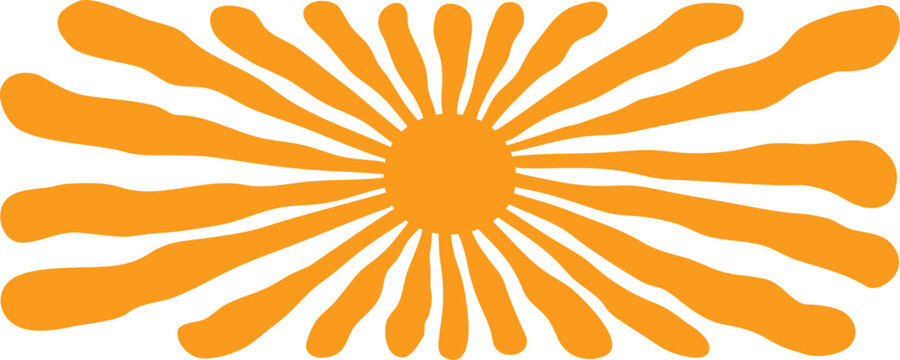 Sun summer background, groovy sun pattern. Retro wave texture, orange abstract bg. Doodle shine effect, cartoon burst stylish. Cute boho radial ray design. Trendy vector illustration