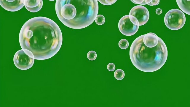 Iridescent soap bubbles floating on green screen background, realistic water bubble overlay, transparent liquid spheres for video compositing