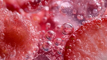 Obraz premium A macro texture study focusing on citrus pulp, strawberry flesh, ice cubes, and sparkling lemonade bubbles