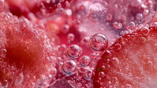 A macro texture study focusing on citrus pulp, strawberry flesh, ice cubes, and sparkling lemonade bubbles