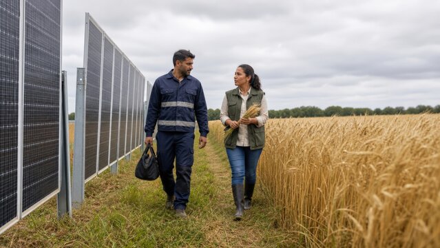 Workers Inspect Wheat Between Agrivoltaics Solar Panels