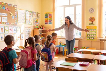 Obraz premium Smiling teacher welcomes diverse group of young students with open arms in a colorful classroom.