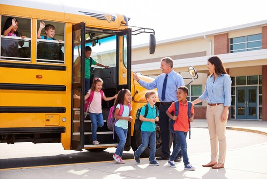 Happy diverse elementary school children disembarking a yellow school bus with teachers assisting.