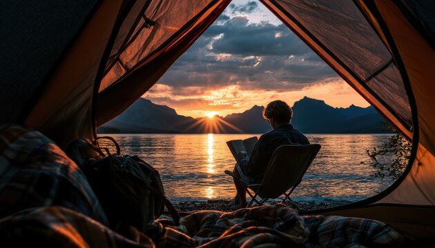 Serene lakeside sunrise seen from inside a cozy tent, with person reading