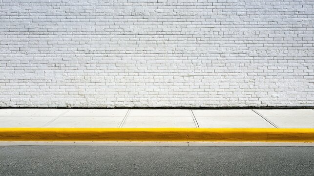 Clean white brick wall, concrete sidewalk, and bright yellow curb beside asphalt